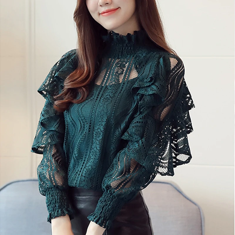 

Women Blouse Female Tops Elegant blusa Sexy 2020 Stand collar Women Clothing Long Sleeve Ruffle Lace Shirt Hollow out Lace 911B