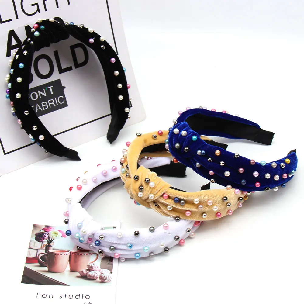 

2020 new CN Hair Accessories Multicolor Pearl Solid Cloth Women Hairband Velvet Wide Side Hair Hoop Fabric Knot Female Headband