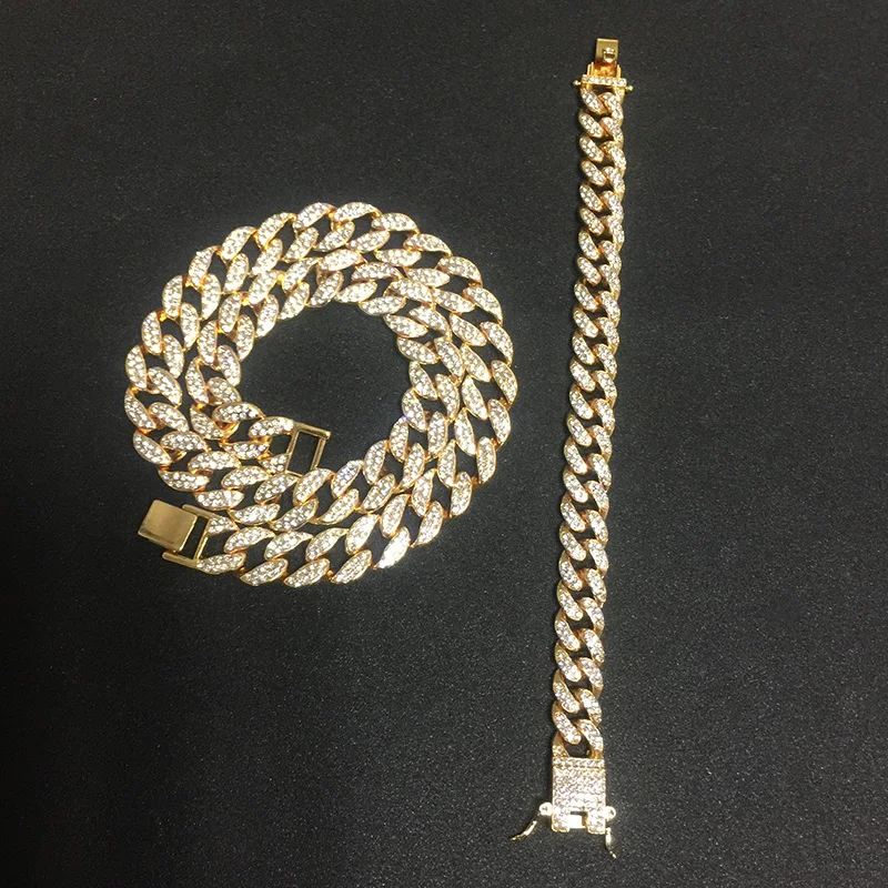 Gold Chain Bracelet Ожерелье+ часы+ браслет в стиле хип-хоп, кантри, кубинская цепочка, золото, серебро, Iced Out, проложили стразы, CZ, Bling Rapper для Мужчин, Ювелирные изделия - Окраска металла: Gold Chain Bracelet