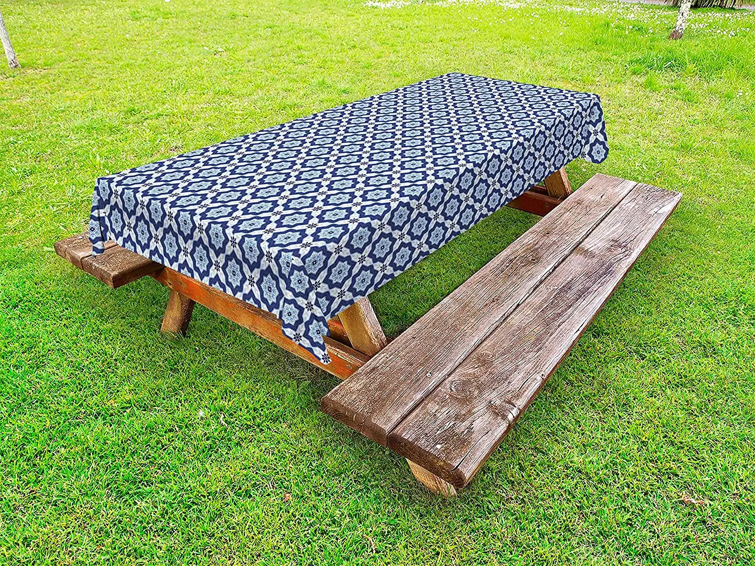 

Ethnic Outdoor Tablecloth Traditional Medieval Portuguese Azulejo Tiles Pattern with Stars Decorative Picnic Table Cloth