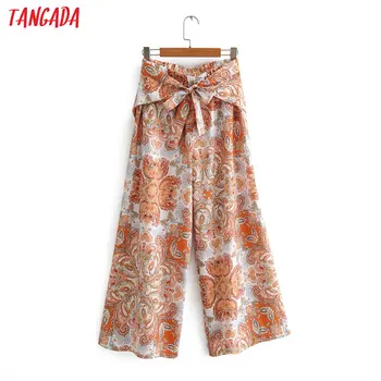 

Tangada women boho style floral print wide leg pants trousers with slash strethy waist lady beach pants 1F119