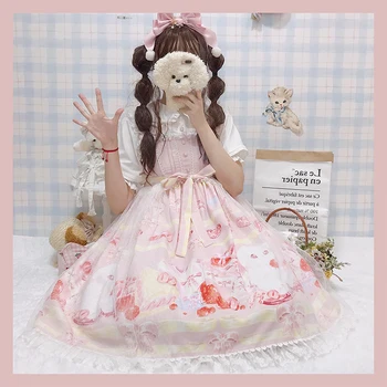 

Japanese kawaii girl sweet lolita dress lace bowknot high waist cute printing tea party kawaii dress loli cos gothic lolita jsk