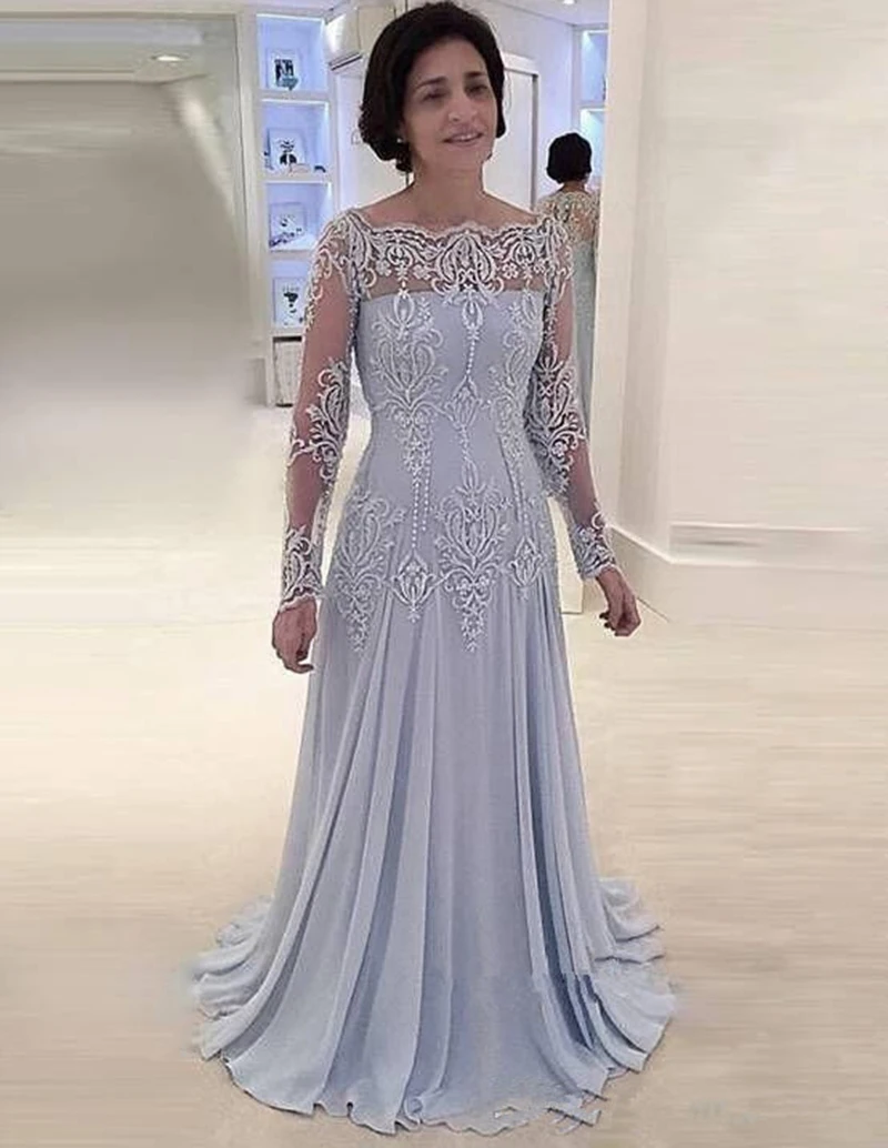 

2020 Silver Mother Of The Bride Dresses A-line 3/4 Sleeves Chiffon Appliques Pearl Formal Groom Mother Long Dresses For Wedding