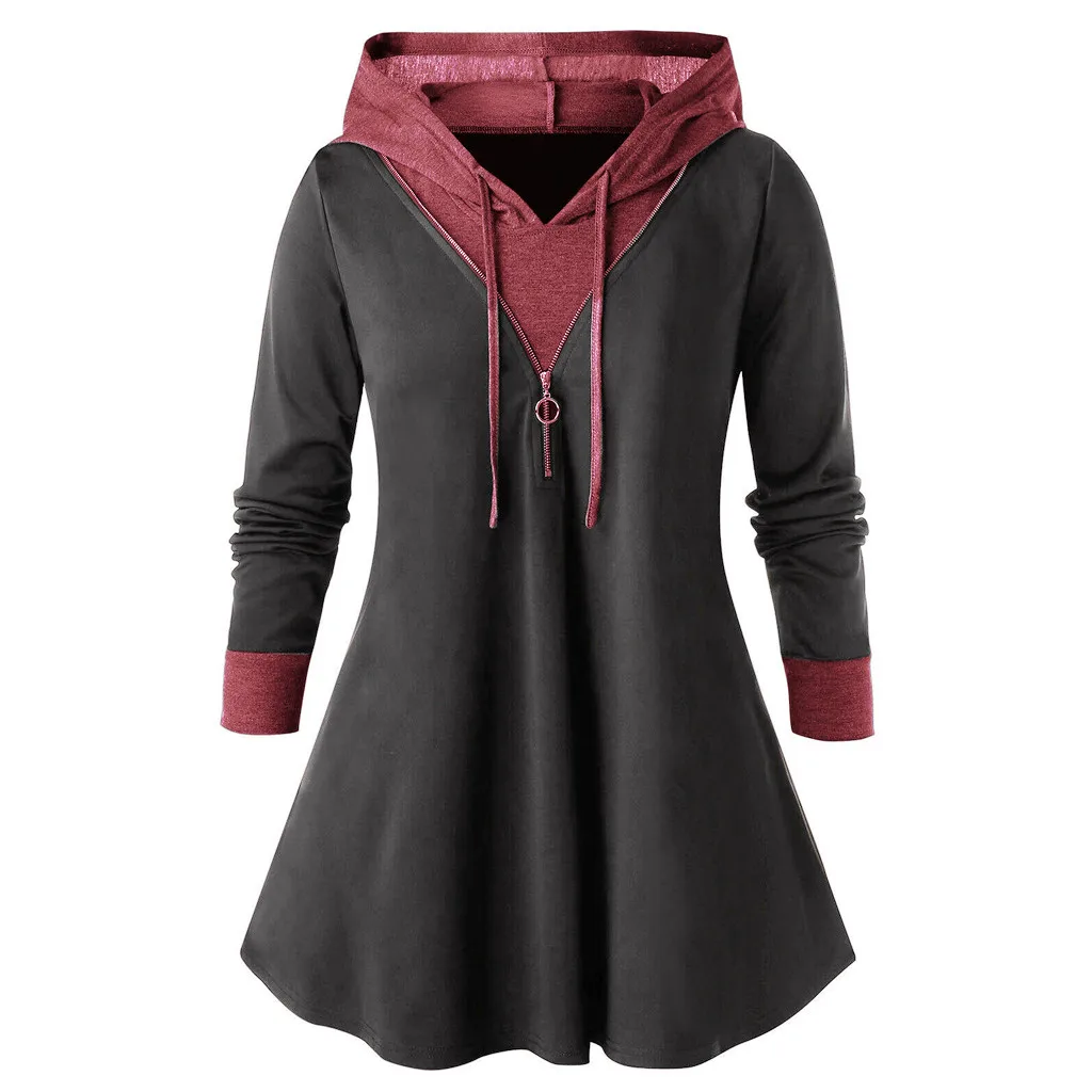 Plus Size Autumn Hoodies Blouse Women Long Sleeve Shirt Casual Color Patch Zipper Tunic Tops Hooded Blusas Chemise Femme