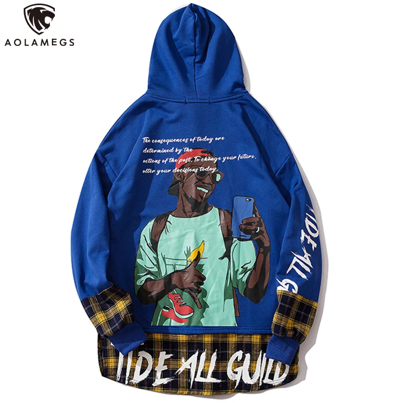 

Aolamegs Hoodies Men Hip Hop Style Print Sweatshirt Plaid Patchwork Drawstring Hooded Pullover Baggy Couple Streetwear Autumn