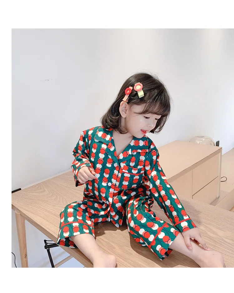 Girl's Contrast Color Turndown Collar Pajama Sets.Toddler Kid's Green Dots Pyjamas Set Cardigan Sleepwear.Children’s Clothing designer pajama sets