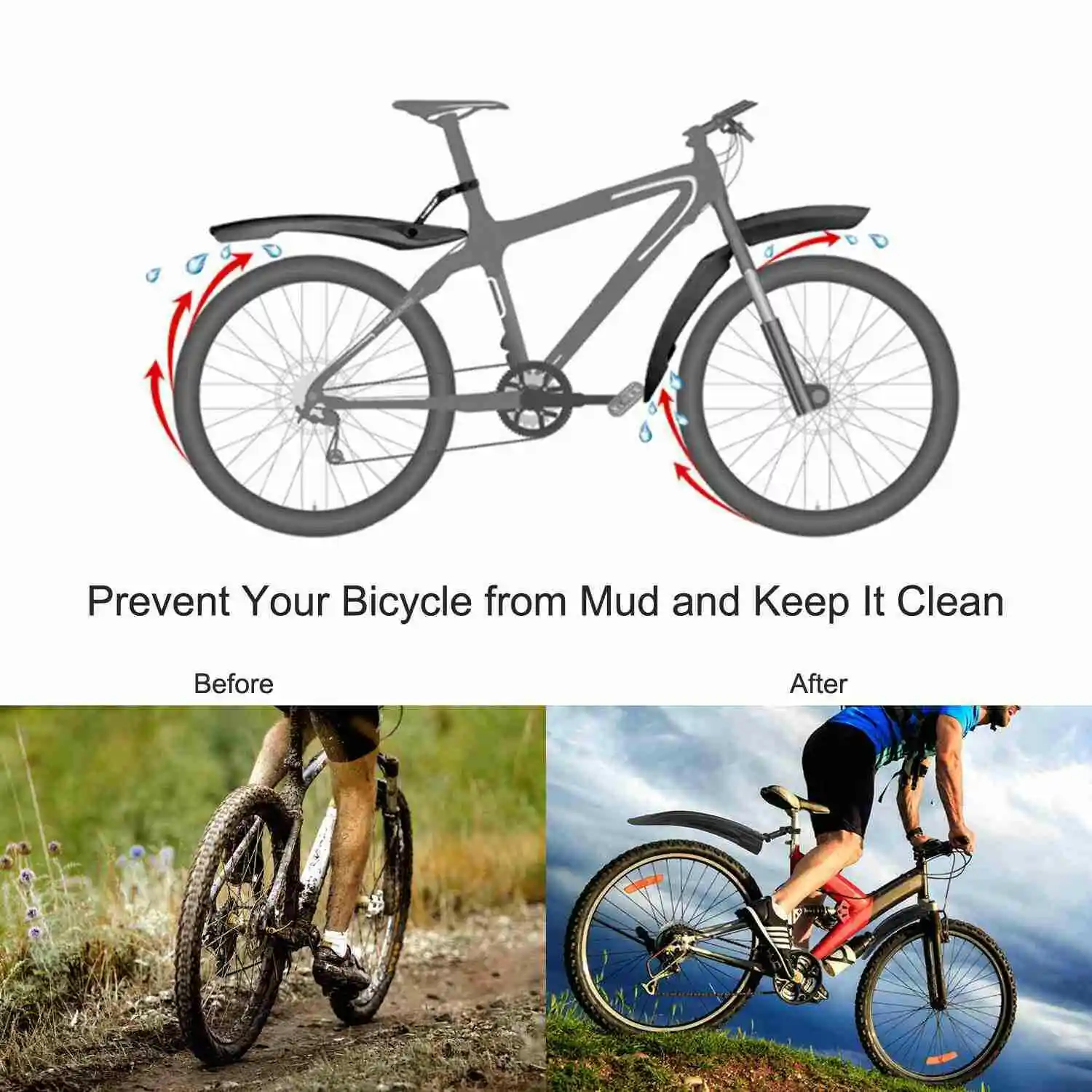Garde-boue Vélo VTT - Noir - 22x26 Cm - Polypropylène - Fixation 4 Points - Compatible Avant/arrière Protection Boue Vélo Montagne