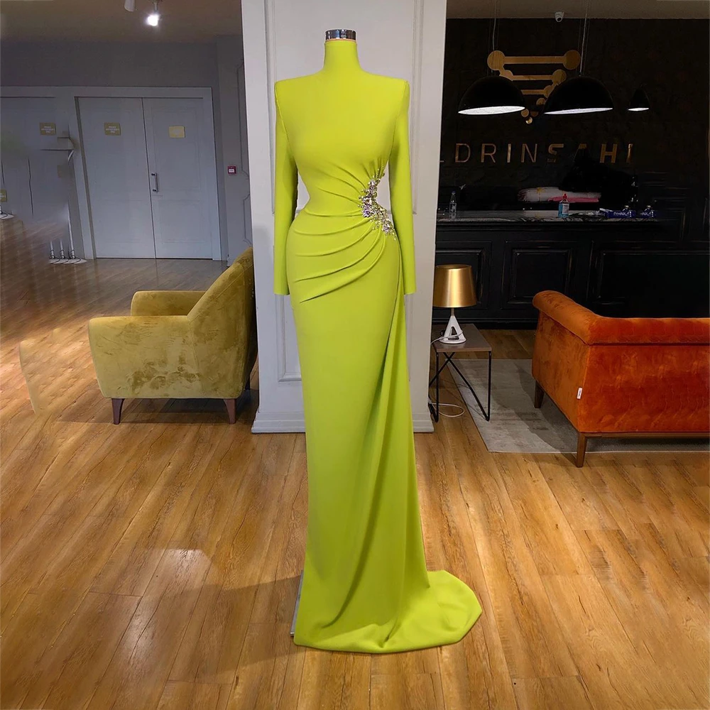 evening gowns Laxsesu Green Evening Dresses Satin Crystal Long Sleeve Party Prom Dress 2022 Sweep Train Simple Mermaid Prom Gowns plus size evening gowns