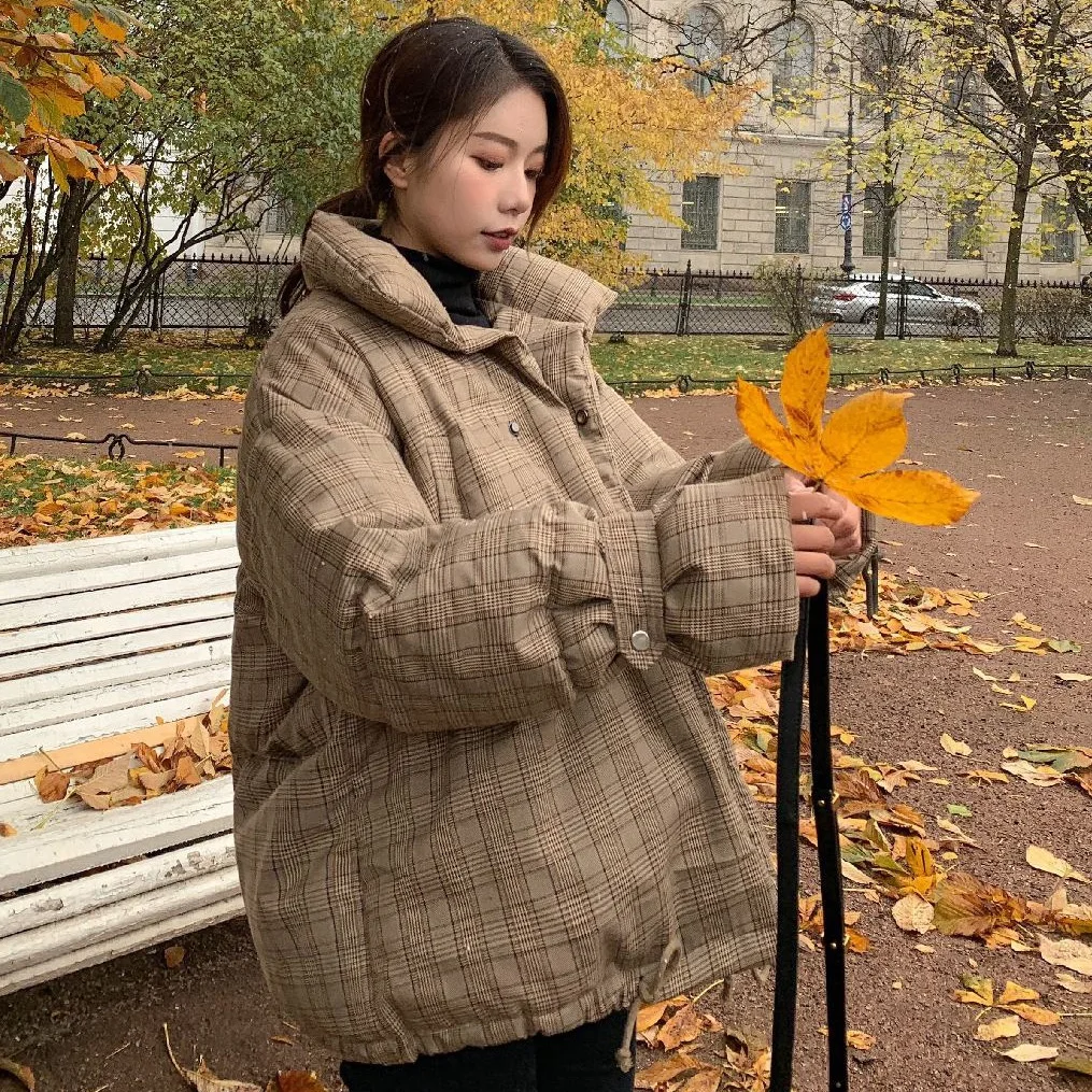 

Photo Shoot CHIC Retro Plaid Stand Collar Drawstring down Coat Women's Loose-Fit Single-Breasted Bandage Cloth Cuff Short Cotton