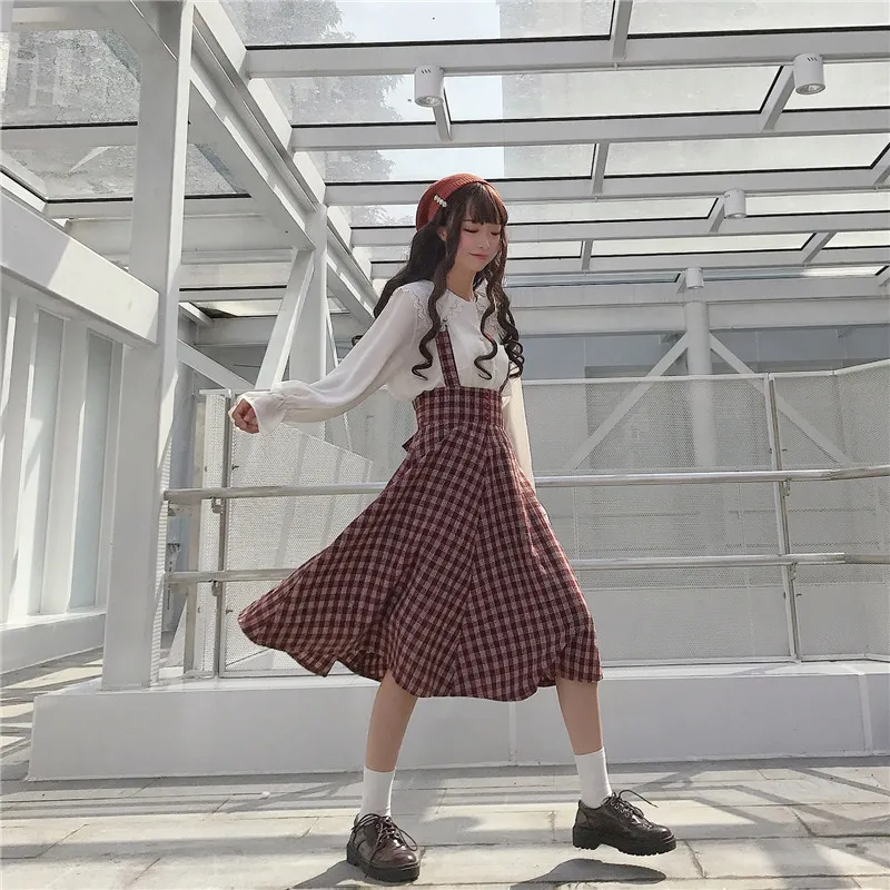 Himifashion Harajuku, женская модная клетчатая юбка на бретелях, бальное платье с высокой талией, юбка с оборками, повседневная шерстяная элегантная клетчатая Женская юбка