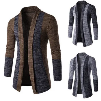 

Men Patchwork Slim Cardigan Autumn Winter Warm Casual Sweaters Long Knitted Turn-down Collar Outerwear Plus Size M-4XL