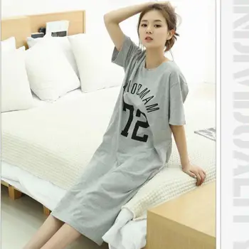 

Summer Women Casual Cotton Sleep Dress Letter Dot Striped Print Loose Long Nightgown Home O Neck Collar Short Sleeve Sleepdress