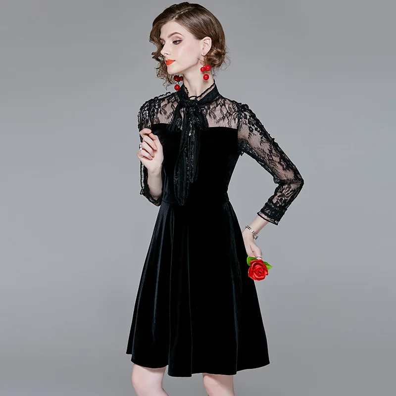 2019 Spring Clothing New Products Lace Long Sleeve Velvet Dress Light Luxury Debutante Little Woman A- line Midi-skirt 4117 2019 Spring Clothing New Products Lace Long Sleeve Velvet Dress Light Luxury Debutante Little Woman A- line Midi-skirt 4117