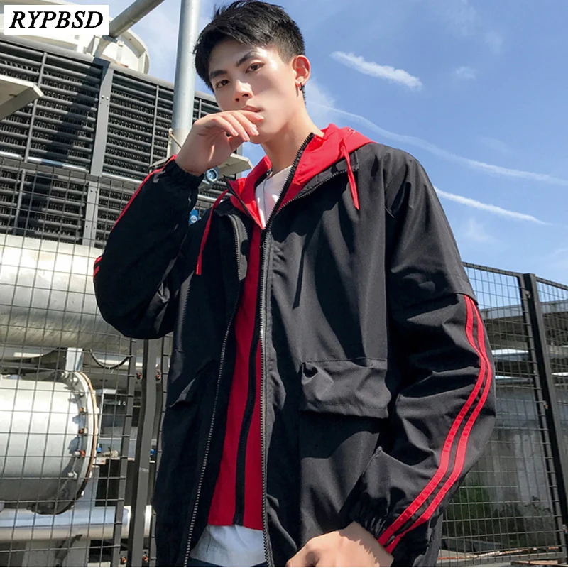 Мужская куртка 2019 Повседневная полосатая с имитацией двух частей капюшоном на