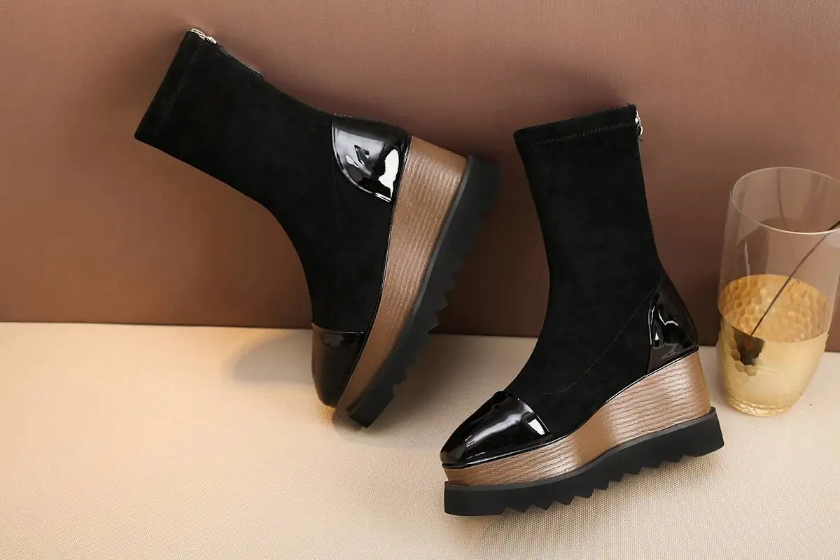 comfortable flock square toe wedges mid-calf boots casual lace up runway strech platform boots increased women winter shoes L08