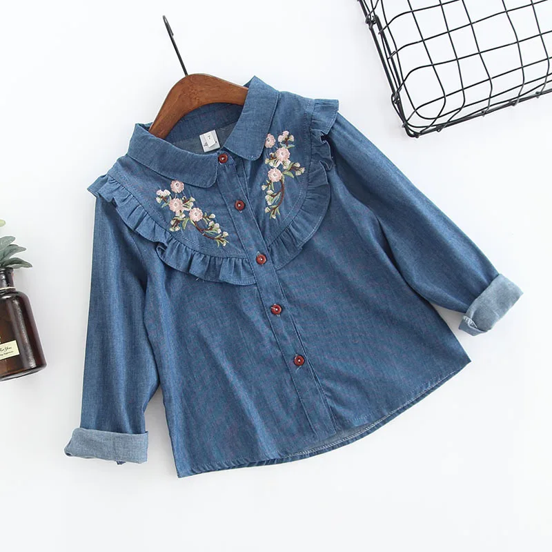 Свежая мягкая детская одежда в Корейском стиле; мягкая джинсовая рубашка для девочек; Модная рубашка с вышивкой и воротником-стойкой