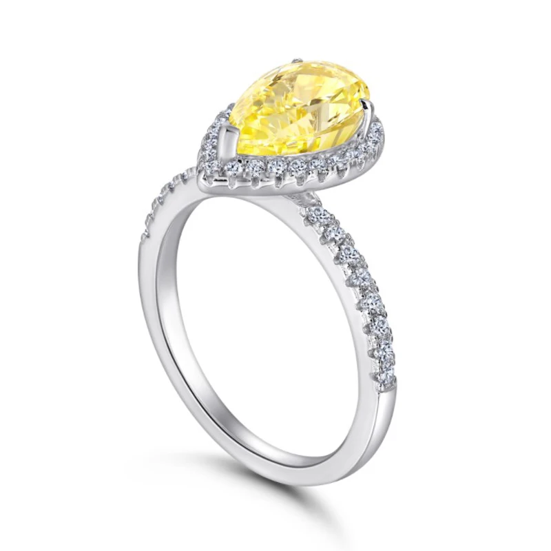 OEVAS 100% 925 Sterling Silver Yellow Water Drop High Carbon Diamond Rings For Women Sparkling Wedding Party Fine Jewelry Gift