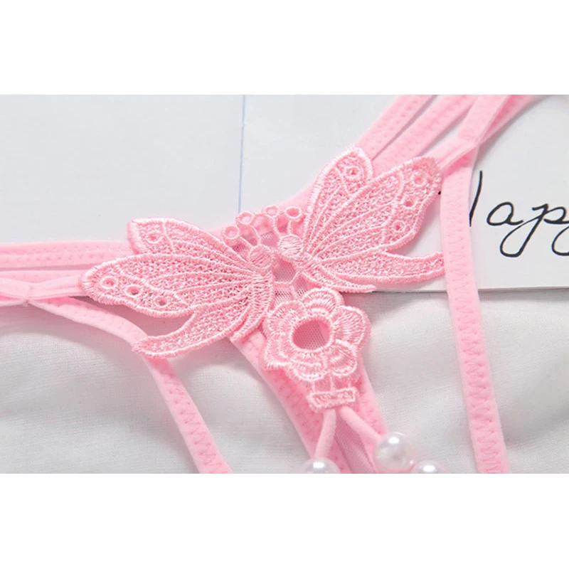 Womens Underwear Sissy Sexy Lingerie Butterfly Embroidery Transparent Panties Pearl Massage Open Crotch Thong Sex G-Strings