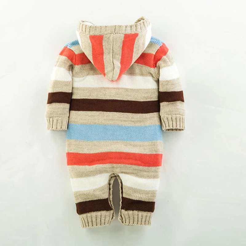 Kids Baby Boys Girls Sweater Jumpsuit Knit Crochet Hooded Coat Infant Children Winter Striped Brushed Thick Warm Outwear Clothes