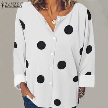 

Women's Print Blouse ZANZEA 2020 Autumn Casual Long Sleeve Shirts Stylish Polka Blusas Female Button Down Tops Plus Size Tunic