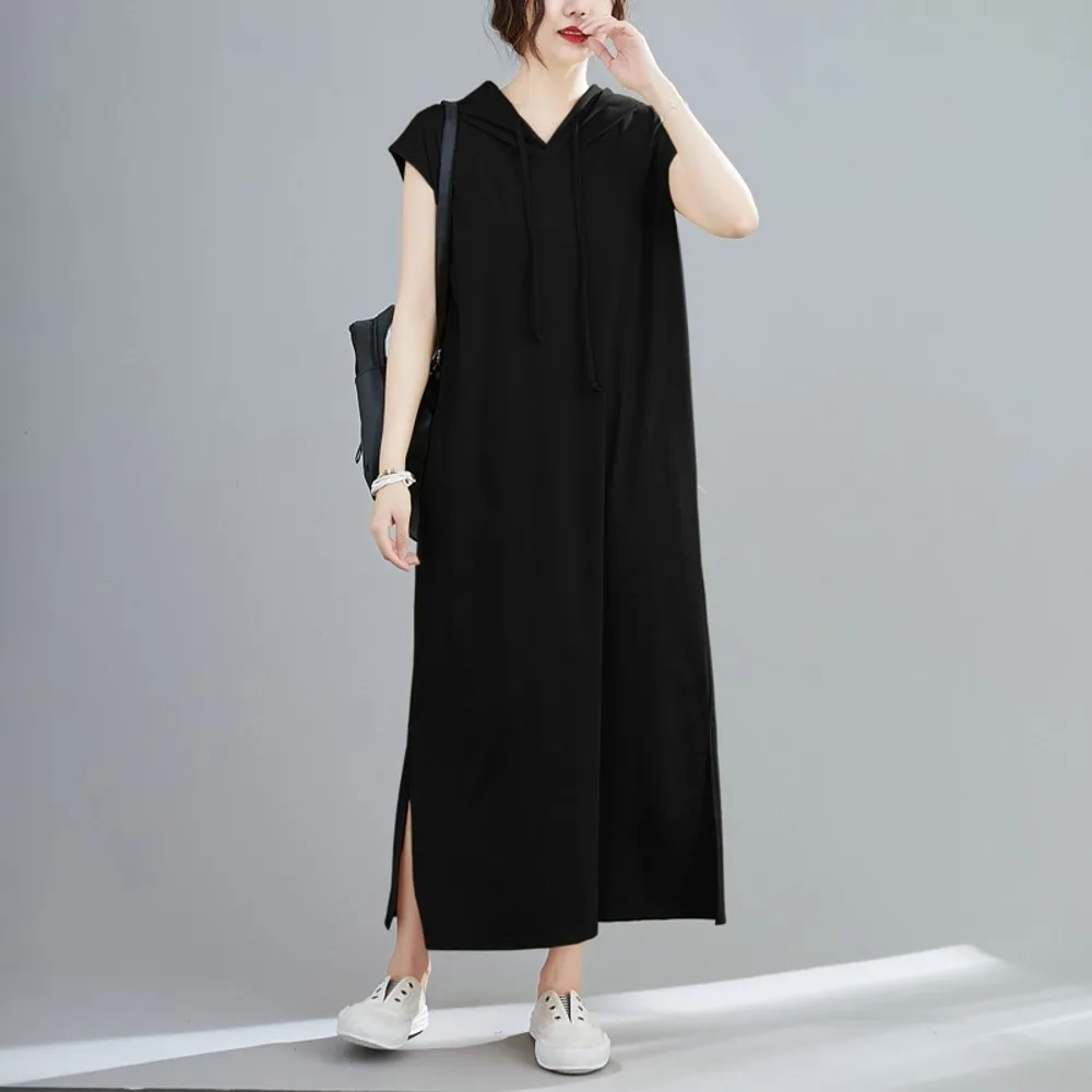 Plus Size Dresses For Women Casual Solid Color Short-Sleeved Hooded Loose Long Dress T-Shirt Dress 2021 Summer New Vestidos