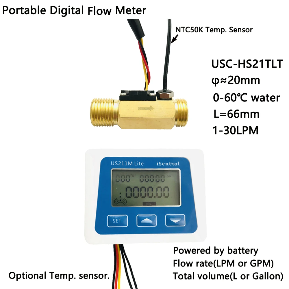 

US211M Lite Digital Flow Meter USC-HS21TL 1-30L/min 5V Flow Reader Compatible with all our flow sensor with temperature sensor