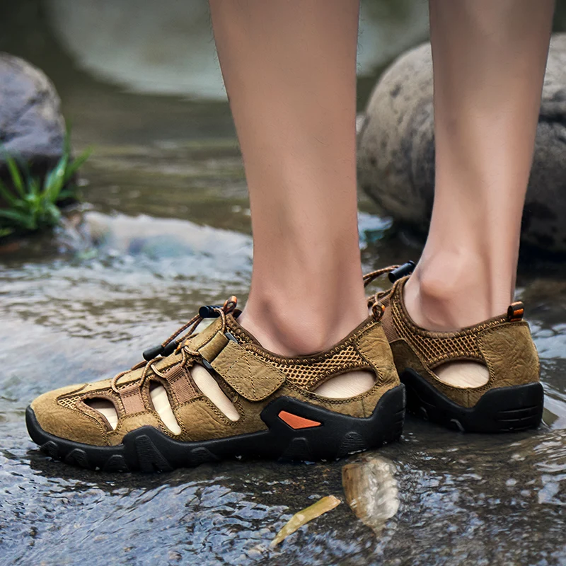 Уличная походная обувь водонепроницаемые мужские летние сандалии для прогулки из натуральной кожи горный треккинг Спортивные Кроссовки противоскользящие пляжные сандалии