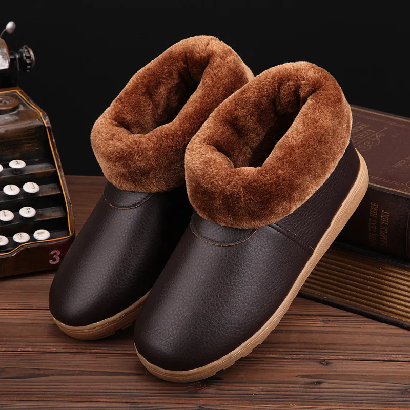 

Winter Warm Cowhide Cotton-padded Shoes Men And Women Household Anti-slip Waterproof plus Velvet Rubber Sole Old Man Cover Heel