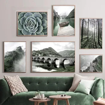

Nordic Canvas Painting Art Lake Boat Forest Succulents Green Plant Wall Pictures for Living Room Decor Posters and Prints