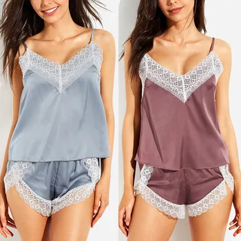 

Women's Sleepwear Sexy Satin Set Lace V-Neck Pyjamas Sleeveless Cute Cami Top and Shorts pijama mujer algodon veran