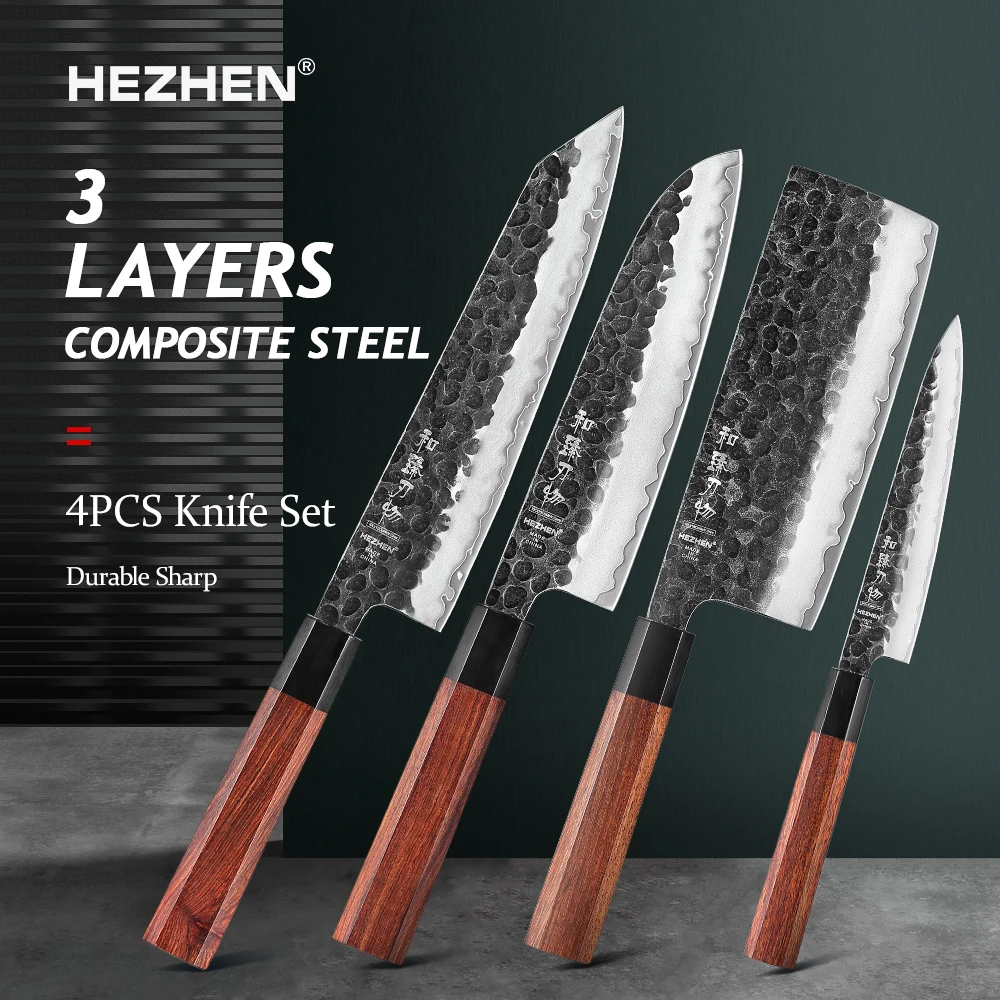 

Набор кухонных ножей HEZHEN 1-4 шт., 3-слойная композитная сталь, ручка из палисандра, инструменты для приготовления пищи, ножи в ломтиках
