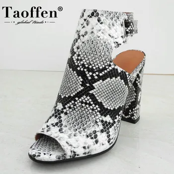 

TAOFFEN Women Pumps Peep-Toe Square Heel Shoes Women Snakeskin Pattern Leather Ankle Strap Party Female Footwear Size 34-43