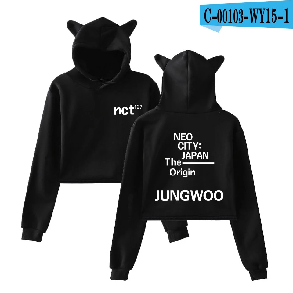 Модная Корейская одежда NCT 127 Сексуальная толстовка с котом Женская эксклюзивная забавная короткий кошачий Топ кавайного размера плюс XXS-2XL - Цвет: 1