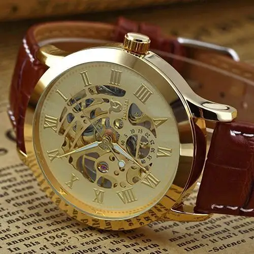 3 цвета мужские модные римские цифры механические скелет полый циферблат наручные часы подарок erkek коль saati мужские часы Mas-culin - Цвет: Golden