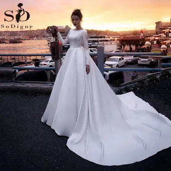 

SoDigne Muslim Vintage wedding Dress Simple Long Sleeves Sexy Backless Princess Wedding Gowns Satin Bridal Dress