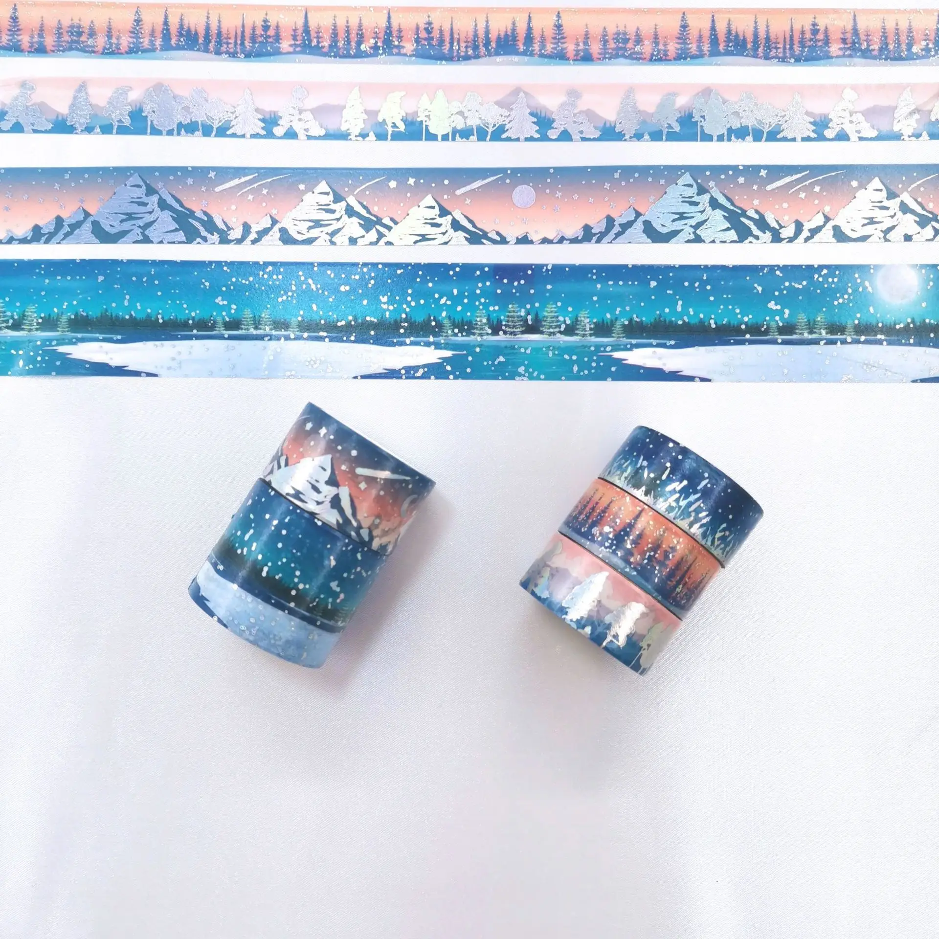 5pcs 뜨거운 은색과 종이 테이프 밤 호수 눈송이 크리스마스 장식 테이프 눈 장면 세트 DIY 손 washi 테이프 세트 Papeterie