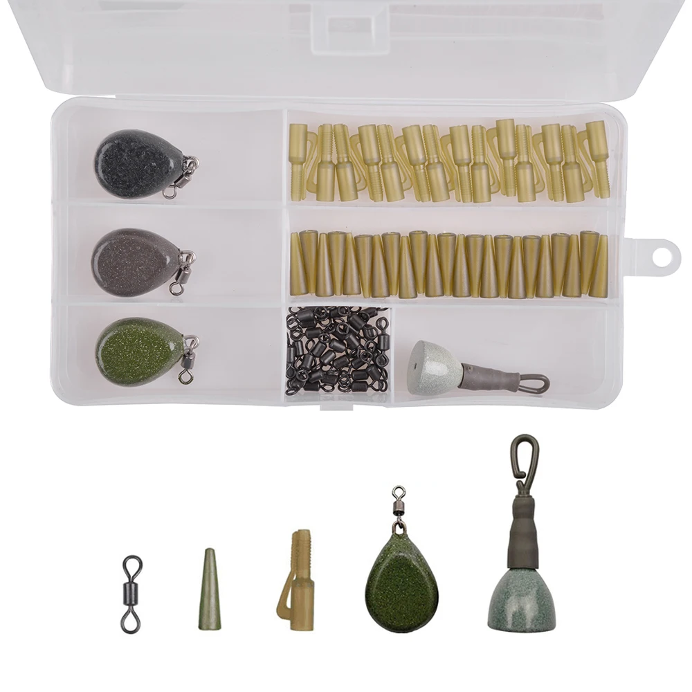 

94Pcs/Box Carp Fishing Tackle Including Rolling Swivels Fishing Sinker Flat Pear Lead Sinker Tail Rubber Tubes Fishing Tools