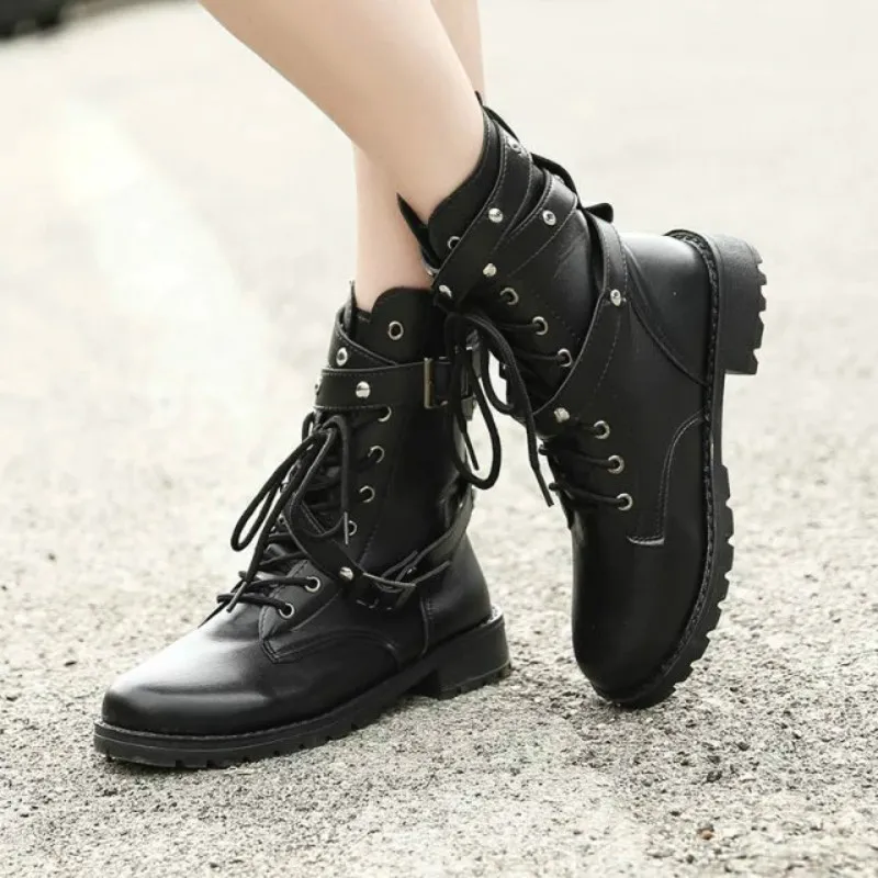 

Dropshipping 2019 Winter Buckle Motorcycle British Style Ankle Boots Gothic Punk Low Heel Ankle Boot Women Shoe Plus Women Boots