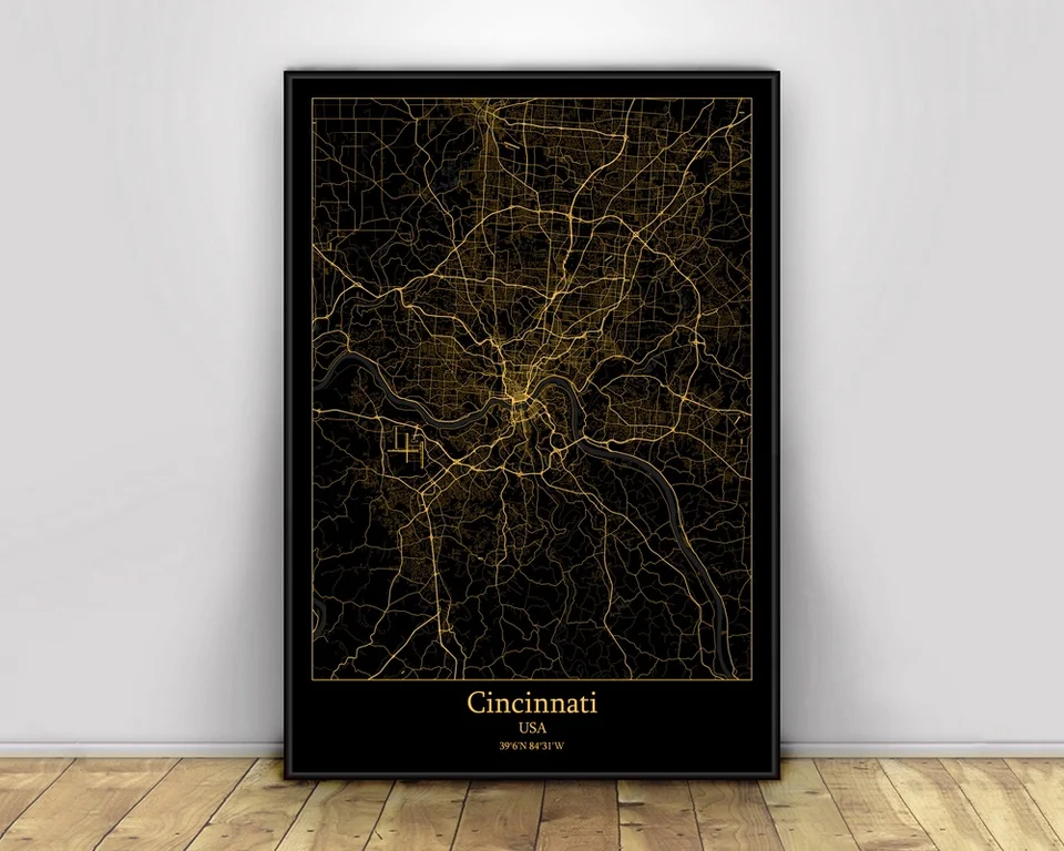 Cincinnati Usa Mapas De Luz De Ciudad Negra Y Dorada Mapa De Ciudades Del Mundo Personalizado Carteles Impresiones En Lienzo Arte De Pared De Estilo Nordico Decoracion Del Hogar Pintura Y Caligrafia