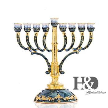 

H&D 9 Branches Candle Holder Hand Painted Enamel Menorah Candelabra Embellished with Gold Accent Candlesticks Home Wedding Decor