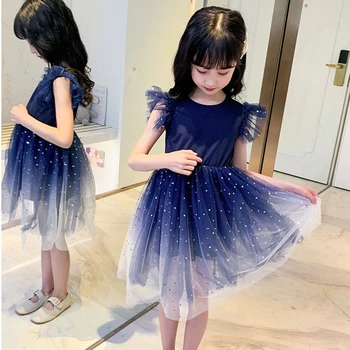

Summer 2020 Dress Girl Clothes Tulle Patchwork Children's Dress Blue Dresses For Girls Teenage Kids Sundress 4 6 8 10 12 14 Year