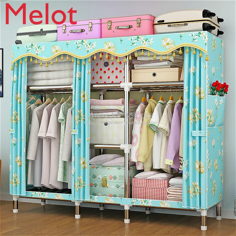 

205*45*170cm Cloth Wardrobe Steel Pipe Bold Reinforcement Double Assembly Simple Economical Simple Wardrobe Storage Cabinet