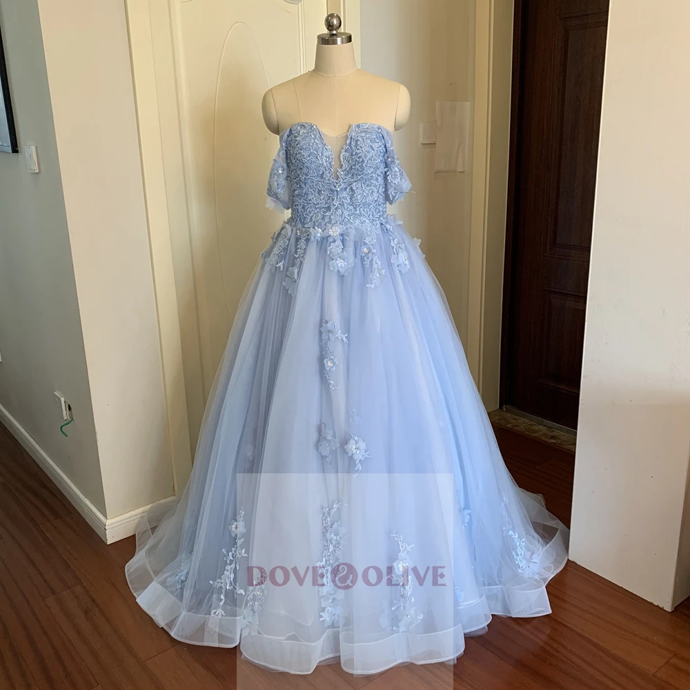 Elegant Sweetheart Neck Evening Dresses 2022 New Elegant Light Blue Off The Shoulder Appliques Formal Long Prom robe de soiree