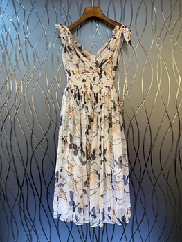 

2020 Spring and Summer New Women's Deep V-neck after Zipper Decorations Knot Sleeve Shoulder Sleeveless Floral Printed Dress 530