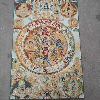 

China old Tibet silk Thangka like hanging painting fengshui Tibetan Buddhas eight points of the compassBuddhas God statue