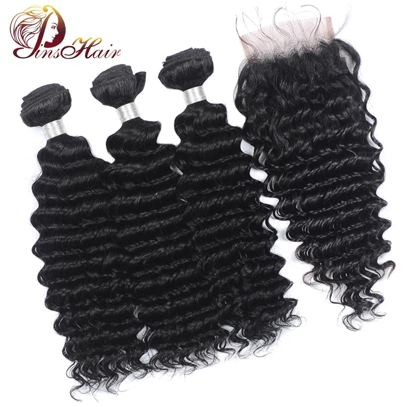 

Peruvian Hair Deep Wave Bundles with Closure Non-Remy Human Hair Weave 3 Bundles with Lace Closure Pre Plucked with Baby Hair