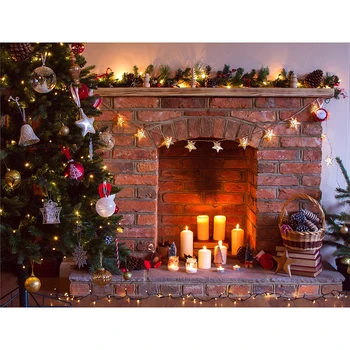 

7x5ft Studio Photography Backdrop Christmas tree brick fireplace candle Cozy Decor Background Vinly Cloth Baby Birthday Party