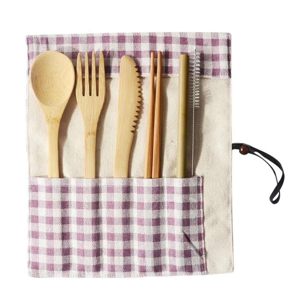 Portable Bamboo Cutlery Travel Eco-friendly Fork Spoon Set Include Reusable Bamboo Slice, Chopsticks, Straw,Cleaning Brush Q3