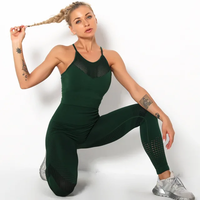 Mesh Matching Sports Set Women Sportwear Seamless Gym Clothing Yoga Sets Bra Leggings Sport Outfit For Woman 2 Piece Tracksuits 4
