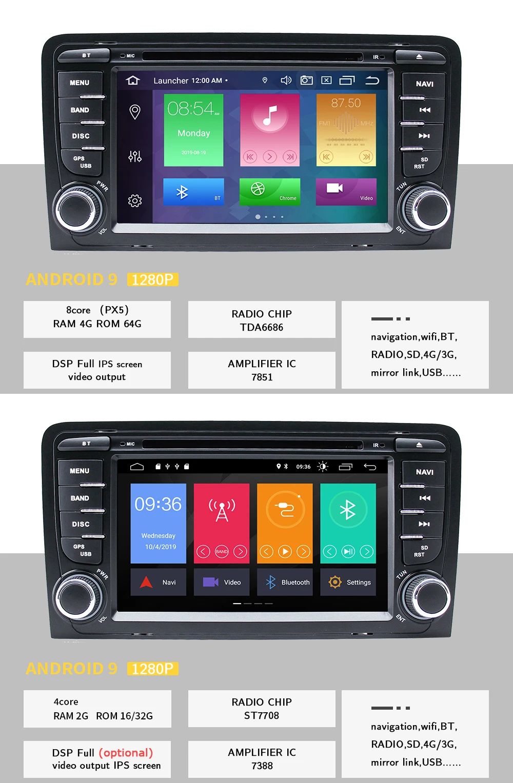 64G 2 Din Автомобильный мультимедийный плеер gps Android 9 DVD Automotivo радио для Audi A3 8P S3 RS3 Sportback навигация gps Carplay OBD2